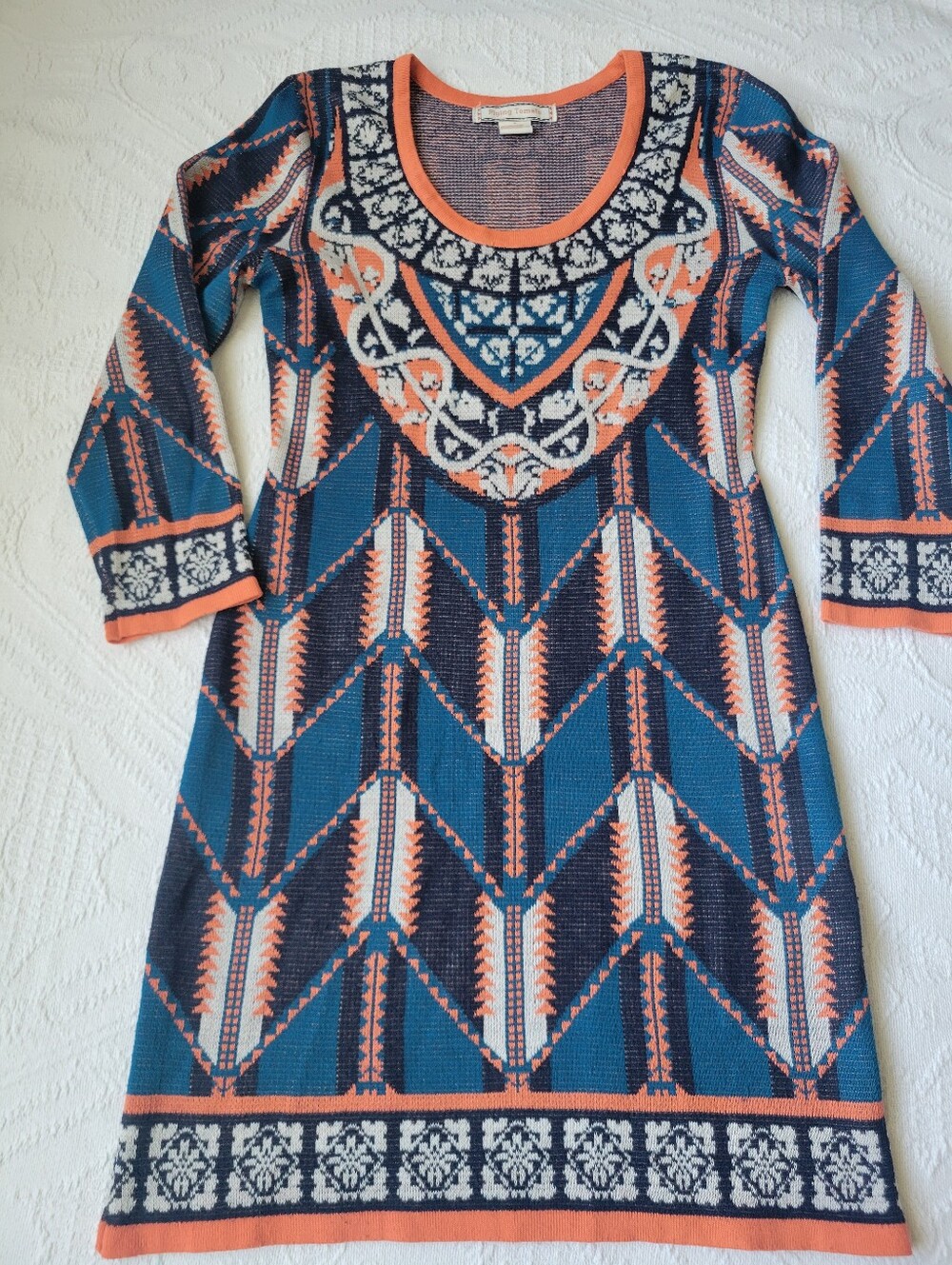 Flying Tomato Teal and Coral Geometric Knit Long-Sleeve Dress